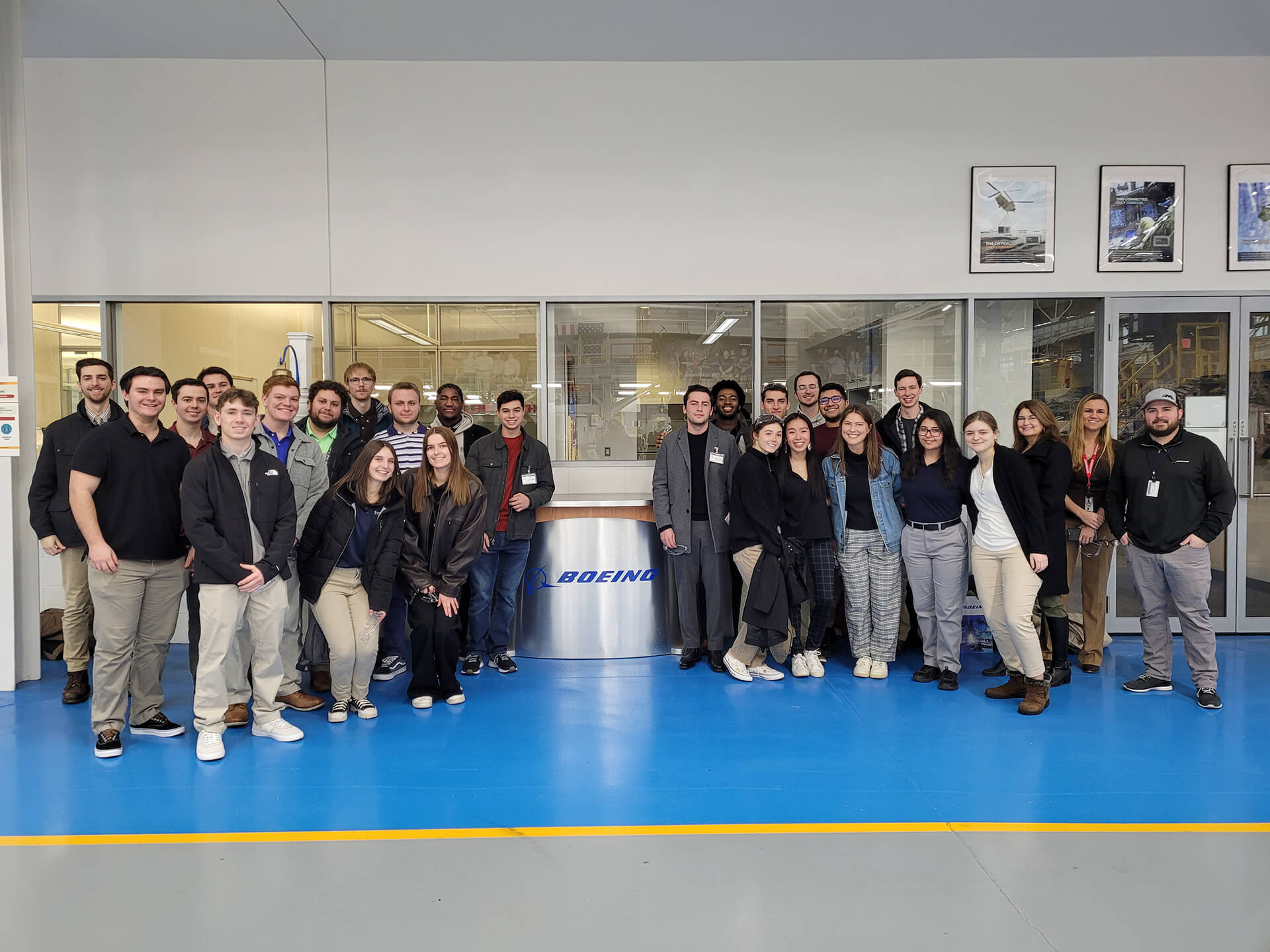 TCNJ Engineering students on the factory floor of Boeing’s Ridley Park, PA facility.